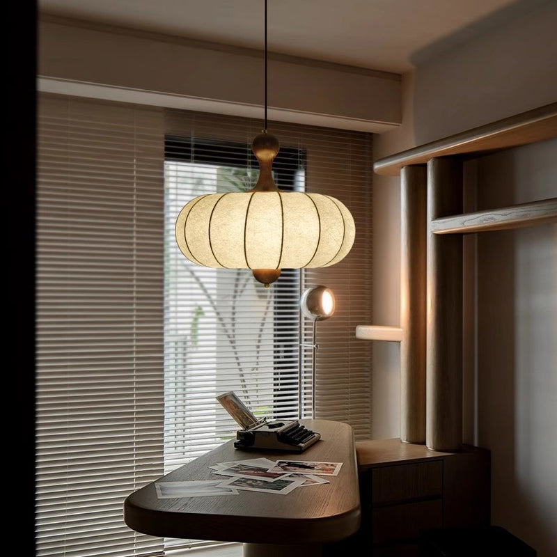 Tela retro contemporánea imitación seda madera forma de calabaza lámpara colgante de 3/5 luces para sala de estar 
