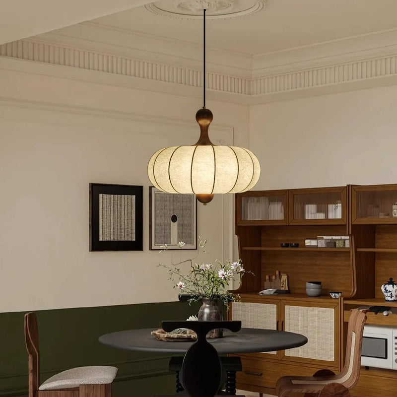 Tela retro contemporánea imitación seda madera forma de calabaza lámpara colgante de 3/5 luces para sala de estar 