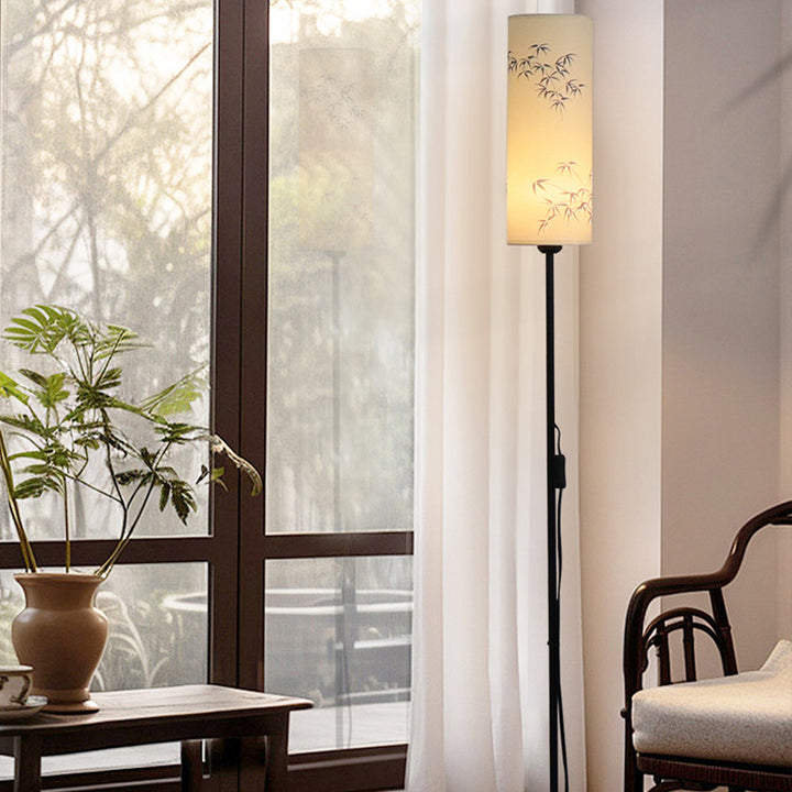 Traditional Chinese Iron Fabric Column Shape Bamboo Pattern Tall 1-Light Standing Floor Lamp For Living Room