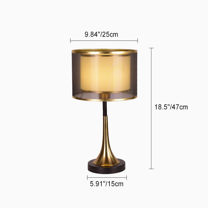 Lámpara de mesa de 1 luz de hierro con pantalla de tela de tambor de doble capa de lujo contemporáneo para dormitorio 