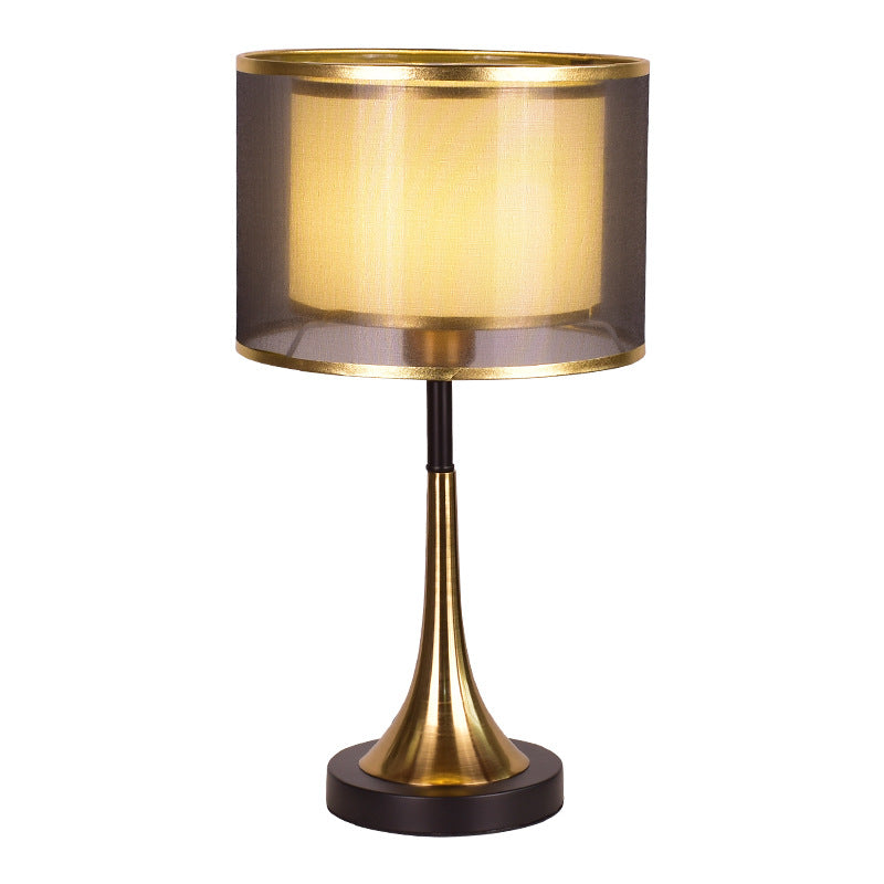 Zeitgenössische Luxus-Doppelschicht-Trommelstoffschirm Eisen 1-Licht-Tischlampe für das Schlafzimmer 