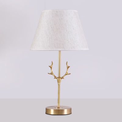 Lámpara de mesa de 1 luz con forma de tambor creativo contemporáneo, latón plisado, lino, cuerno de ciervo para dormitorio 