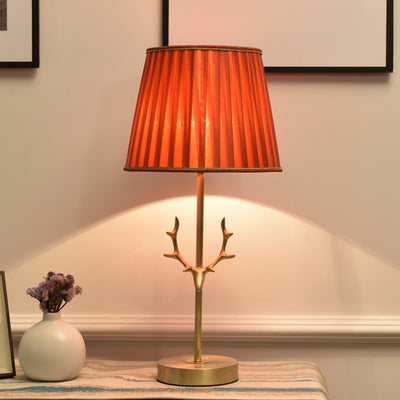 Lámpara de mesa de 1 luz con forma de tambor creativo contemporáneo, latón plisado, lino, cuerno de ciervo para dormitorio 