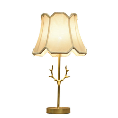 Lámpara de mesa de 1 luz con forma de tambor creativo contemporáneo, latón plisado, lino, cuerno de ciervo para dormitorio 
