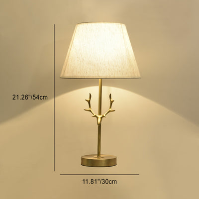 Lámpara de mesa de 1 luz con forma de tambor creativo contemporáneo, latón plisado, lino, cuerno de ciervo para dormitorio 