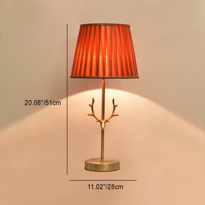 Lámpara de mesa de 1 luz con forma de tambor creativo contemporáneo, latón plisado, lino, cuerno de ciervo para dormitorio 