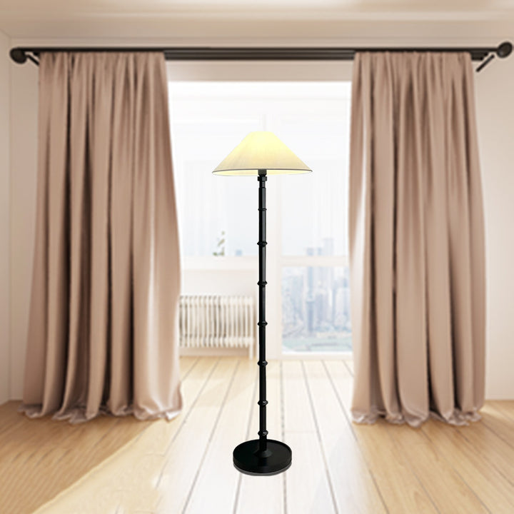 Lámpara de pie de 1 luz con base de imitación de bambú de cono francés tradicional de madera y tela para sala de estar 