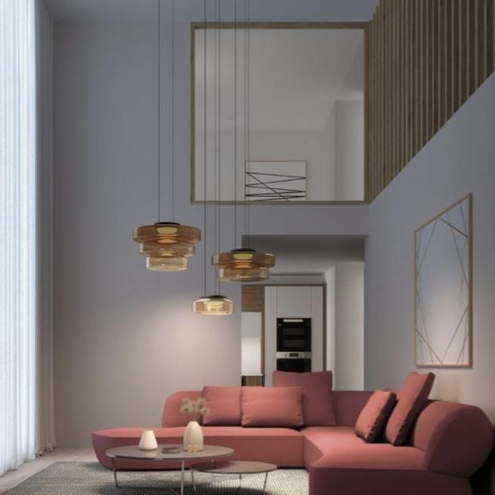 Moderne Luxus-Mehrschicht-Disc-Glas-Metall-LED-Pendelleuchte für Wohnzimmer 