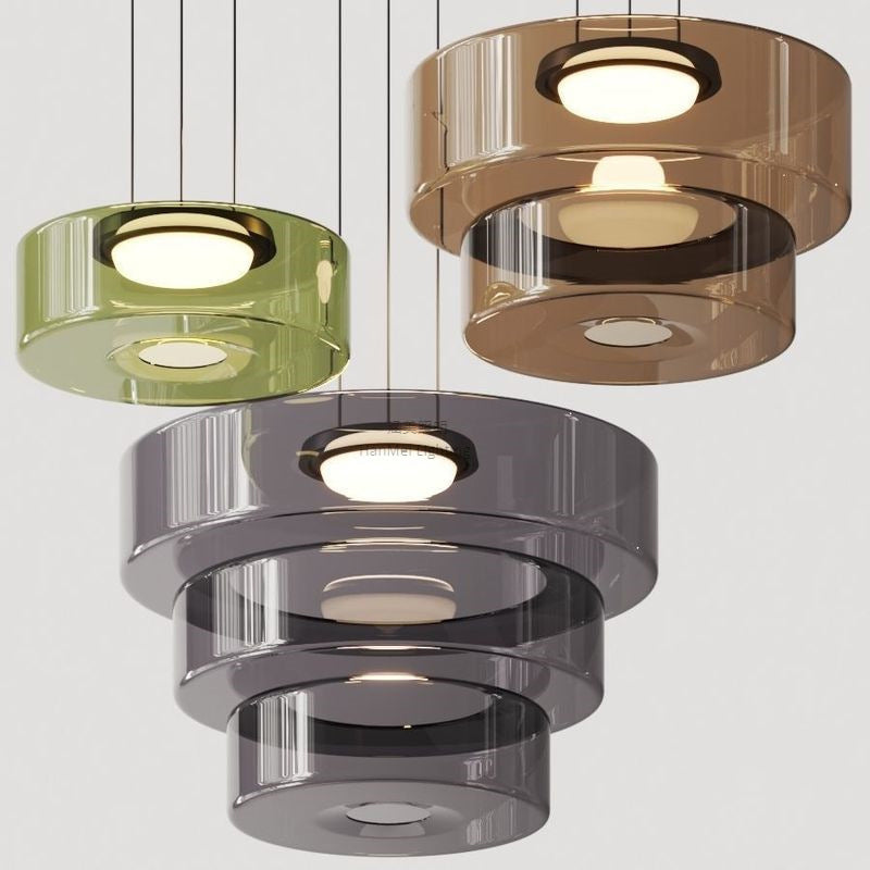 Moderne Luxus-Mehrschicht-Disc-Glas-Metall-LED-Pendelleuchte für Wohnzimmer 