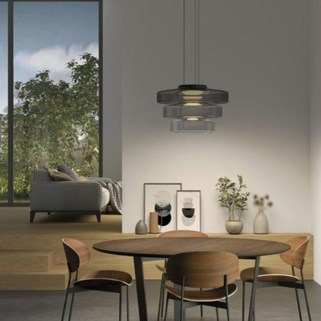 Moderne Luxus-Mehrschicht-Disc-Glas-Metall-LED-Pendelleuchte für Wohnzimmer 