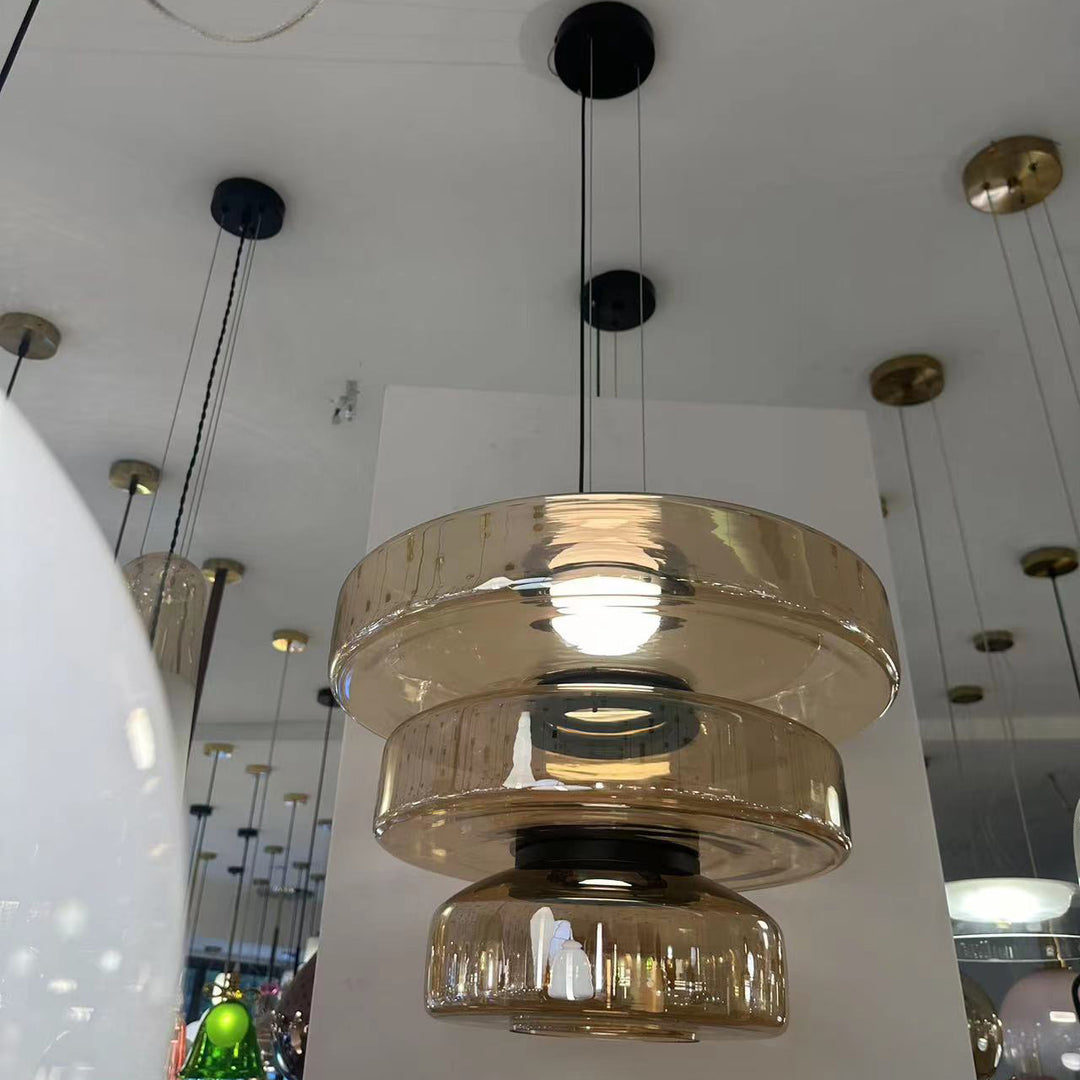 Moderne Luxus-Mehrschicht-Disc-Glas-Metall-LED-Pendelleuchte für Wohnzimmer 