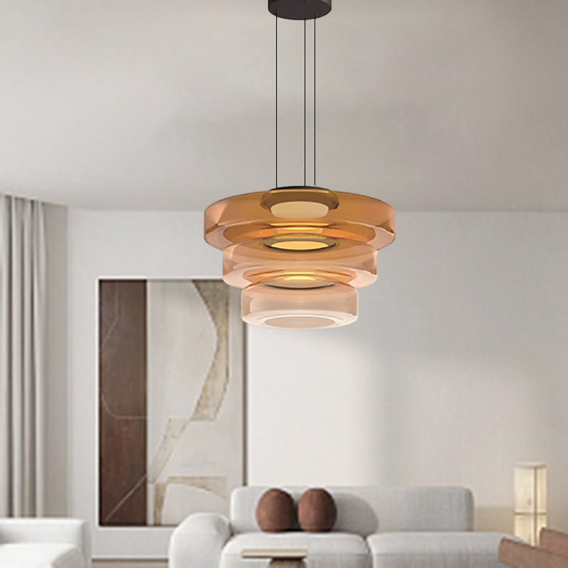 Moderne Luxus-Mehrschicht-Disc-Glas-Metall-LED-Pendelleuchte für Wohnzimmer 
