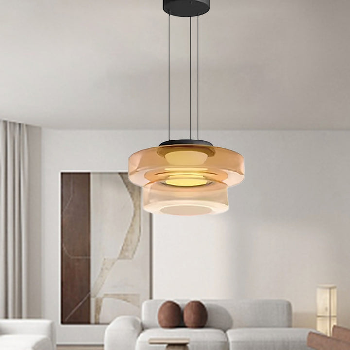 Moderne Luxus-Mehrschicht-Disc-Glas-Metall-LED-Pendelleuchte für Wohnzimmer 