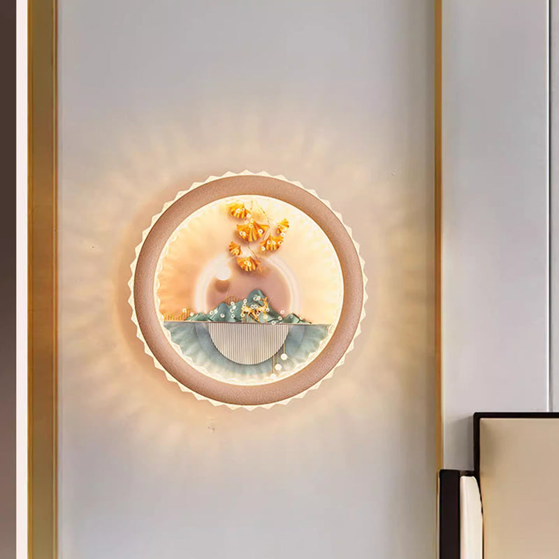 Lámpara de aplique de pared LED de hierro acrílico con mural de hojas de ginkgo y ciervo de la fortuna redondo de arte deco moderno para sala de estar 