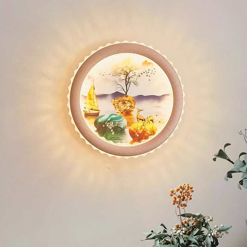 Lámpara de aplique de pared LED de hierro acrílico con mural de hojas de ginkgo y ciervo de la fortuna redondo de arte deco moderno para sala de estar 