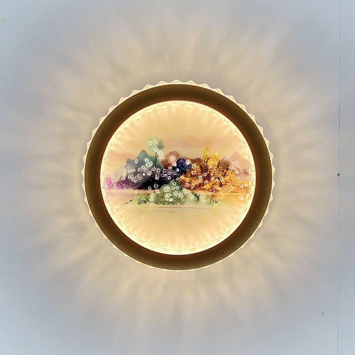 Lámpara de aplique de pared LED de hierro acrílico con mural de hojas de ginkgo y ciervo de la fortuna redondo de arte deco moderno para sala de estar 