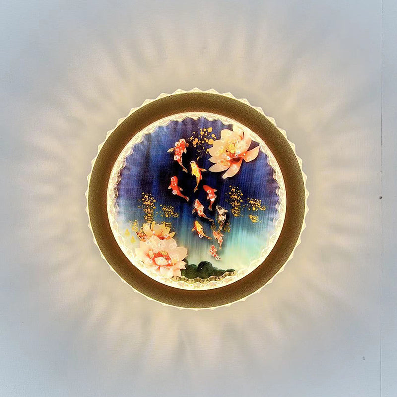Lámpara de aplique de pared LED de hierro acrílico con mural de hojas de ginkgo y ciervo de la fortuna redondo de arte deco moderno para sala de estar 