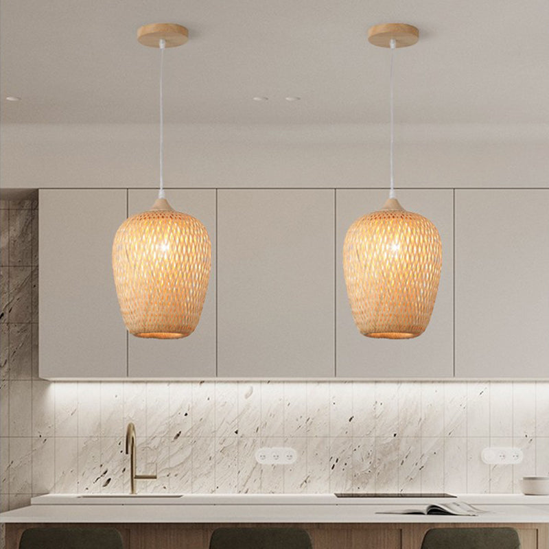 Forma de linterna bohemia contemporánea tejido de bambú madera 1 - Luz colgante para comedor 