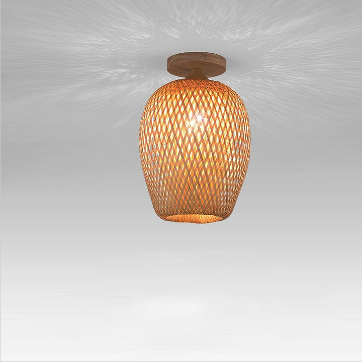 Contemporáneo Boho Hueco Forma de Linterna Tejido de Bambú Madera 1 - Luz Semiempotrada Montaje de Techo Para Pasillos 