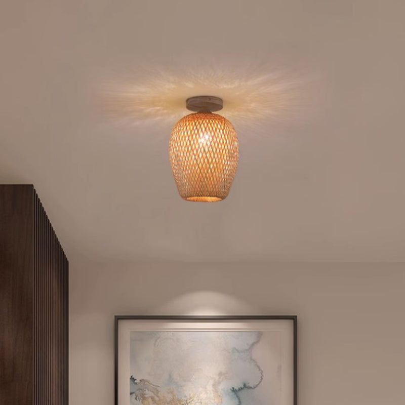 Contemporáneo Boho Hueco Forma de Linterna Tejido de Bambú Madera 1 - Luz Semiempotrada Montaje de Techo Para Pasillos 