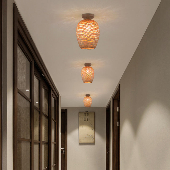 Contemporáneo Boho Hueco Forma de Linterna Tejido de Bambú Madera 1 - Luz Semiempotrada Montaje de Techo Para Pasillos 