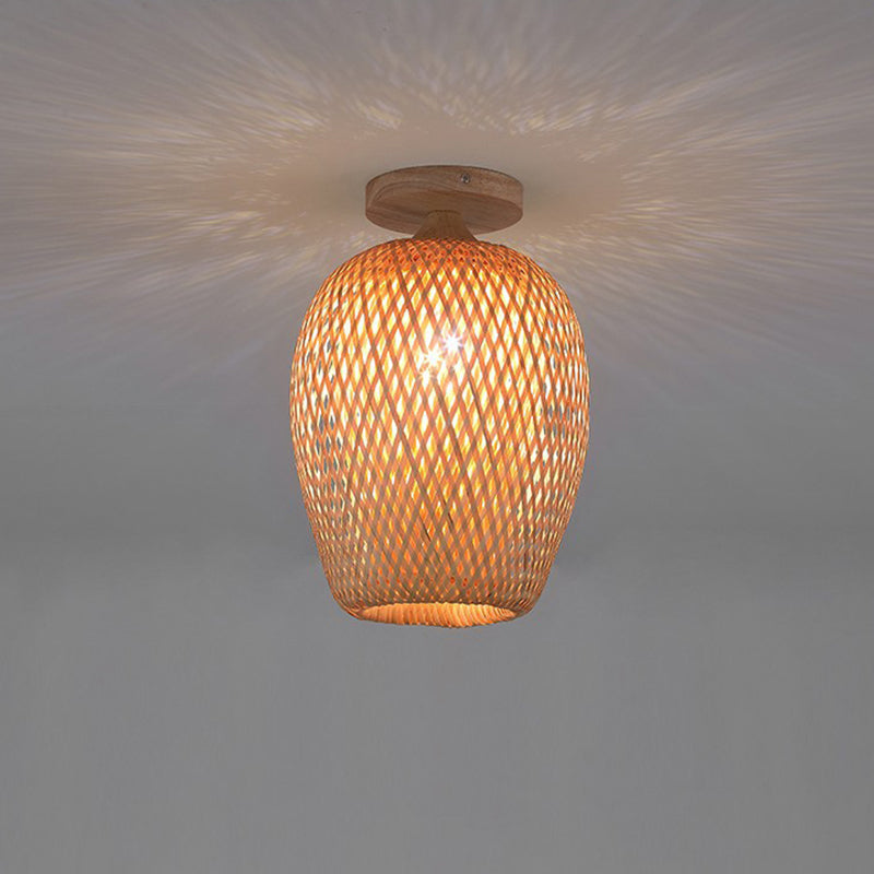 Contemporáneo Boho Hueco Forma de Linterna Tejido de Bambú Madera 1 - Luz Semiempotrada Montaje de Techo Para Pasillos 
