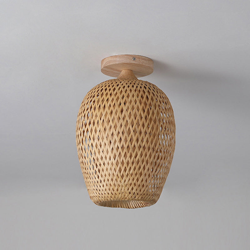 Contemporáneo Boho Hueco Forma de Linterna Tejido de Bambú Madera 1 - Luz Semiempotrada Montaje de Techo Para Pasillos 