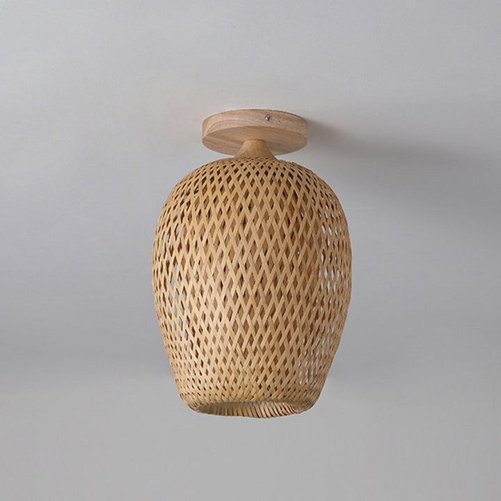 Contemporáneo Boho Hueco Forma de Linterna Tejido de Bambú Madera 1 - Luz Semiempotrada Montaje de Techo Para Pasillos 