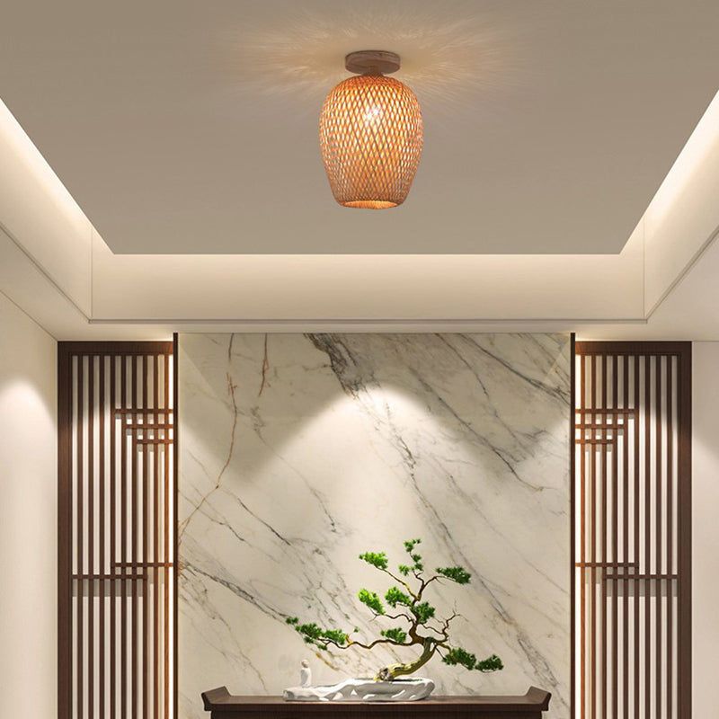 Contemporáneo Boho Hueco Forma de Linterna Tejido de Bambú Madera 1 - Luz Semiempotrada Montaje de Techo Para Pasillos 
