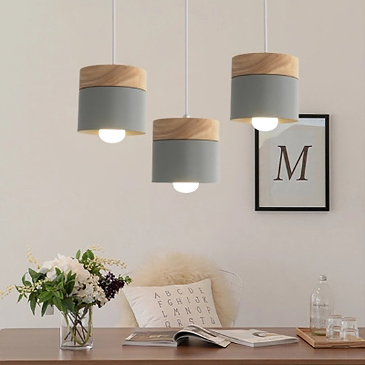 Lustre suspendu cylindre rond en bois et fer moderne minimaliste 1 lumière pour salon 