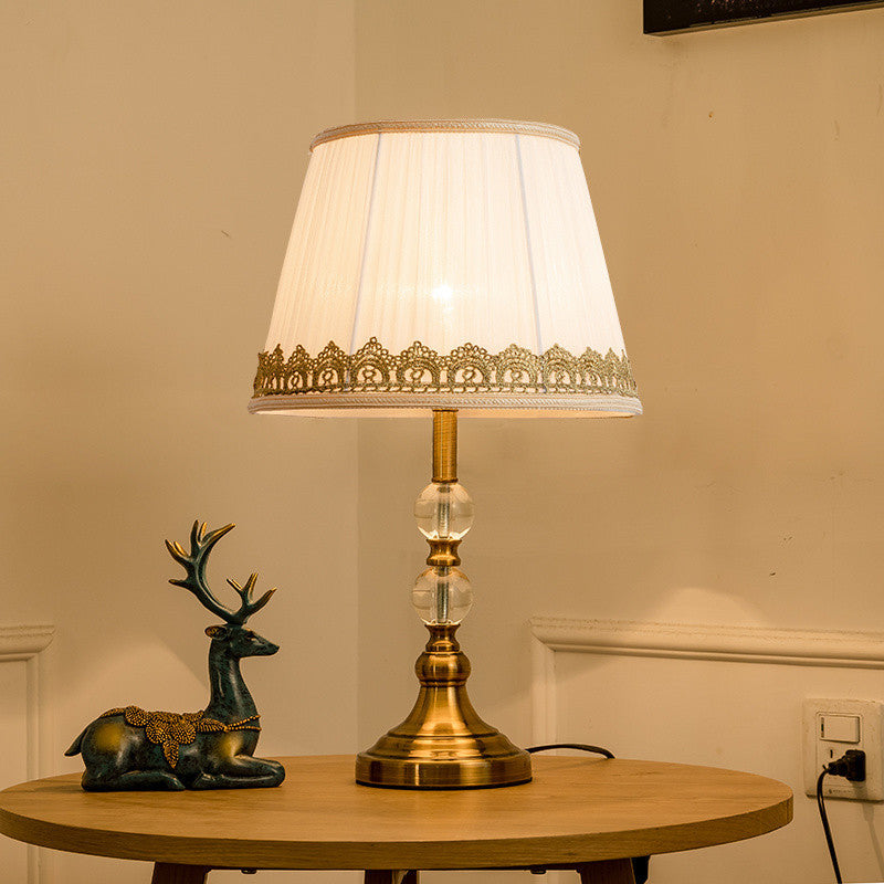 Traditional Vintage Drum Shape Crystal Ball Imitation Copper Fabric 1-Light Table Lamp For Living Room