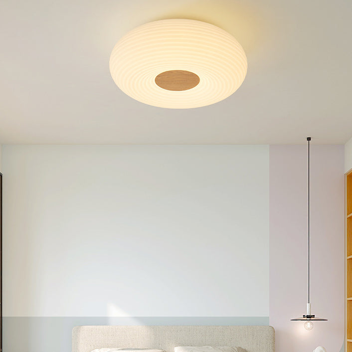 Traditional Japanese Hardware PE Round Wood Grain LED Flush Mount Ceiling Light For Living Room