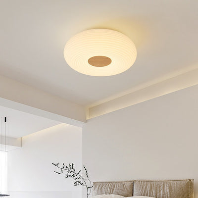Traditional Japanese Hardware PE Round Wood Grain LED Flush Mount Ceiling Light For Living Room