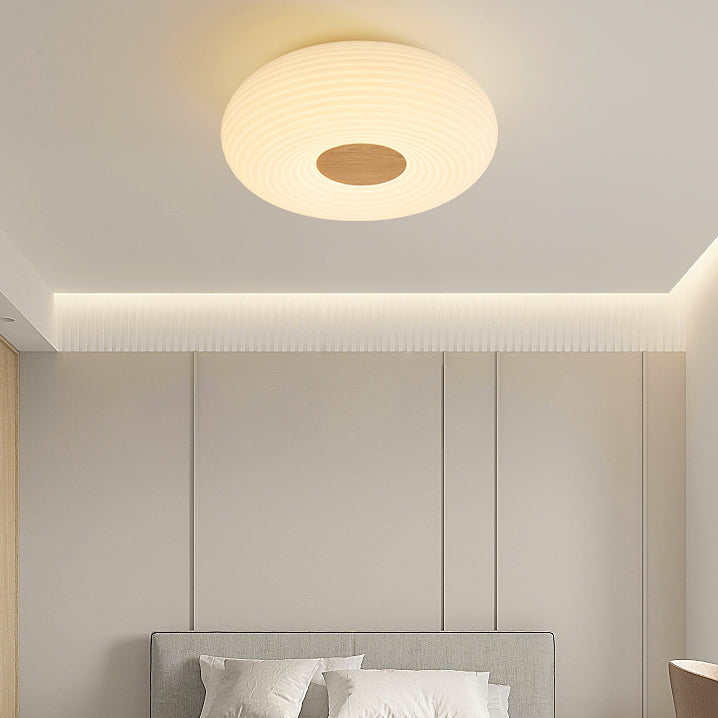 Traditional Japanese Hardware PE Round Wood Grain LED Flush Mount Ceiling Light For Living Room