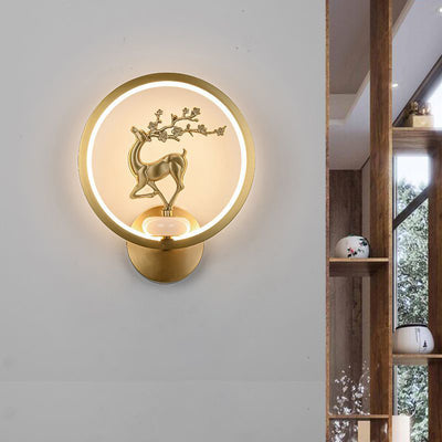Applique murale LED en laiton et silicone avec fleurs de prunier rondes chinoises traditionnelles, orchidée, bambou de fortune, chrysanthème et cerf pour chambre à coucher 