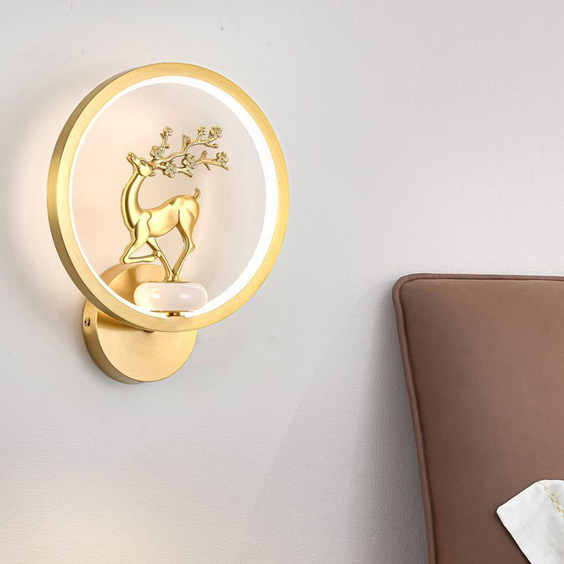 Applique murale LED en laiton et silicone avec fleurs de prunier rondes chinoises traditionnelles, orchidée, bambou de fortune, chrysanthème et cerf pour chambre à coucher 
