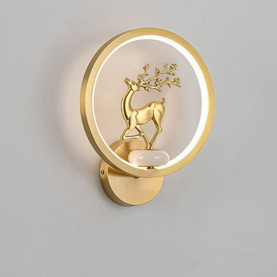 Applique murale LED en laiton et silicone avec fleurs de prunier rondes chinoises traditionnelles, orchidée, bambou de fortune, chrysanthème et cerf pour chambre à coucher 