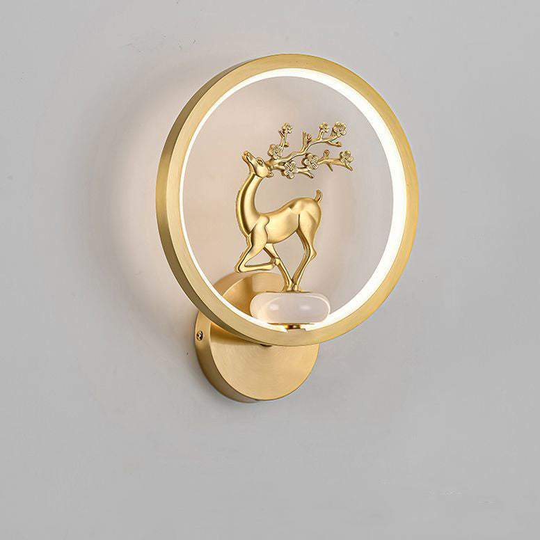 Applique murale LED en laiton et silicone avec fleurs de prunier rondes chinoises traditionnelles, orchidée, bambou de fortune, chrysanthème et cerf pour chambre à coucher 