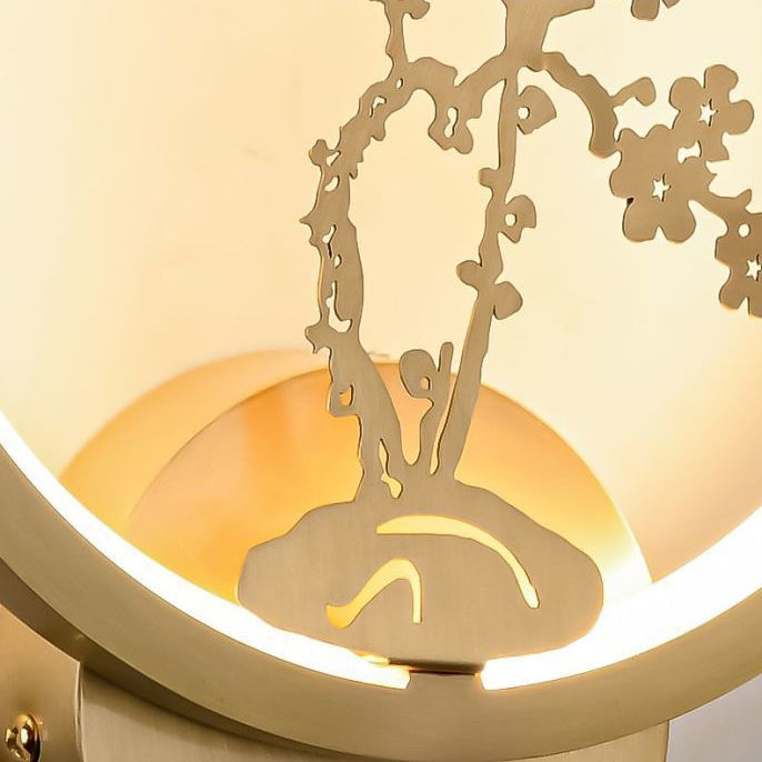 Applique murale LED en laiton et silicone avec fleurs de prunier rondes chinoises traditionnelles, orchidée, bambou de fortune, chrysanthème et cerf pour chambre à coucher 