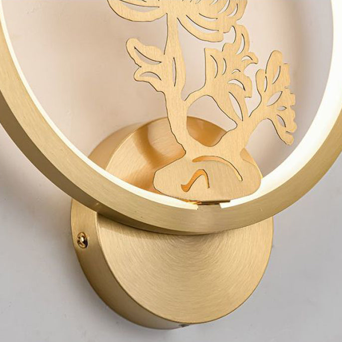 Applique murale LED en laiton et silicone avec fleurs de prunier rondes chinoises traditionnelles, orchidée, bambou de fortune, chrysanthème et cerf pour chambre à coucher 