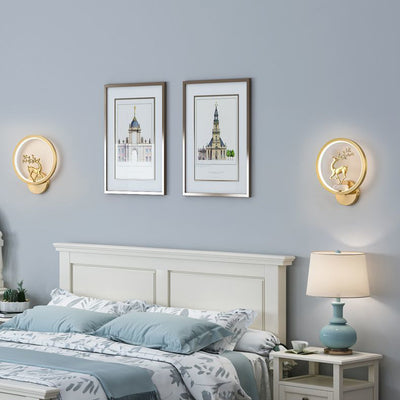 Applique murale LED en laiton et silicone avec fleurs de prunier rondes chinoises traditionnelles, orchidée, bambou de fortune, chrysanthème et cerf pour chambre à coucher 