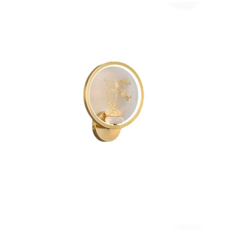 Applique murale LED en laiton et silicone avec fleurs de prunier rondes chinoises traditionnelles, orchidée, bambou de fortune, chrysanthème et cerf pour chambre à coucher 