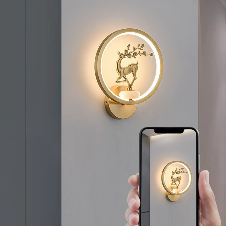 Applique murale LED en laiton et silicone avec fleurs de prunier rondes chinoises traditionnelles, orchidée, bambou de fortune, chrysanthème et cerf pour chambre à coucher 