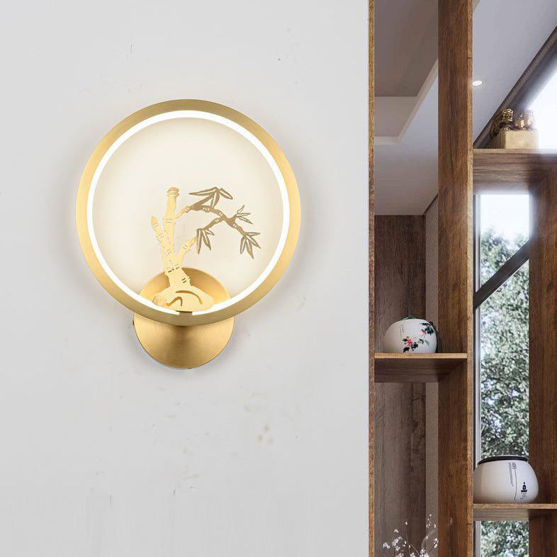 Applique murale LED en laiton et silicone avec fleurs de prunier rondes chinoises traditionnelles, orchidée, bambou de fortune, chrysanthème et cerf pour chambre à coucher 