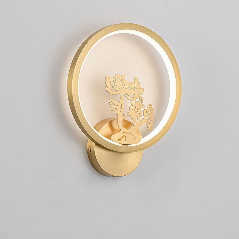 Applique murale LED en laiton et silicone avec fleurs de prunier rondes chinoises traditionnelles, orchidée, bambou de fortune, chrysanthème et cerf pour chambre à coucher 