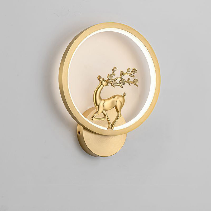 Applique murale LED en laiton et silicone avec fleurs de prunier rondes chinoises traditionnelles, orchidée, bambou de fortune, chrysanthème et cerf pour chambre à coucher 