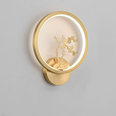 Applique murale LED en laiton et silicone avec fleurs de prunier rondes chinoises traditionnelles, orchidée, bambou de fortune, chrysanthème et cerf pour chambre à coucher 