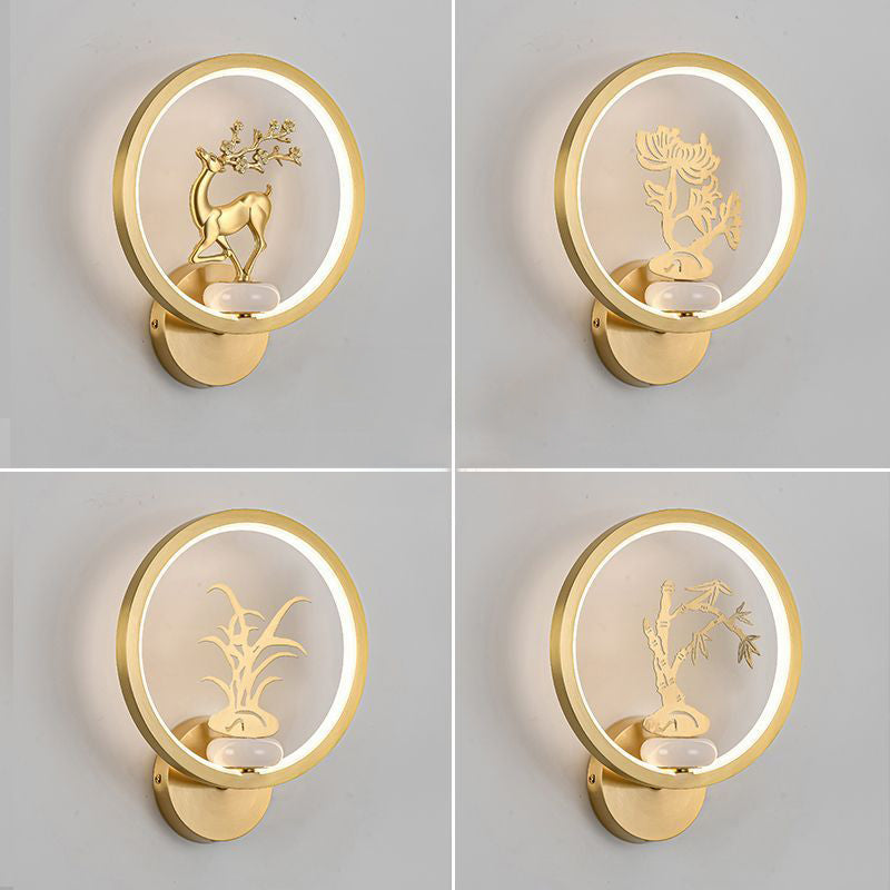 Applique murale LED en laiton et silicone avec fleurs de prunier rondes chinoises traditionnelles, orchidée, bambou de fortune, chrysanthème et cerf pour chambre à coucher 