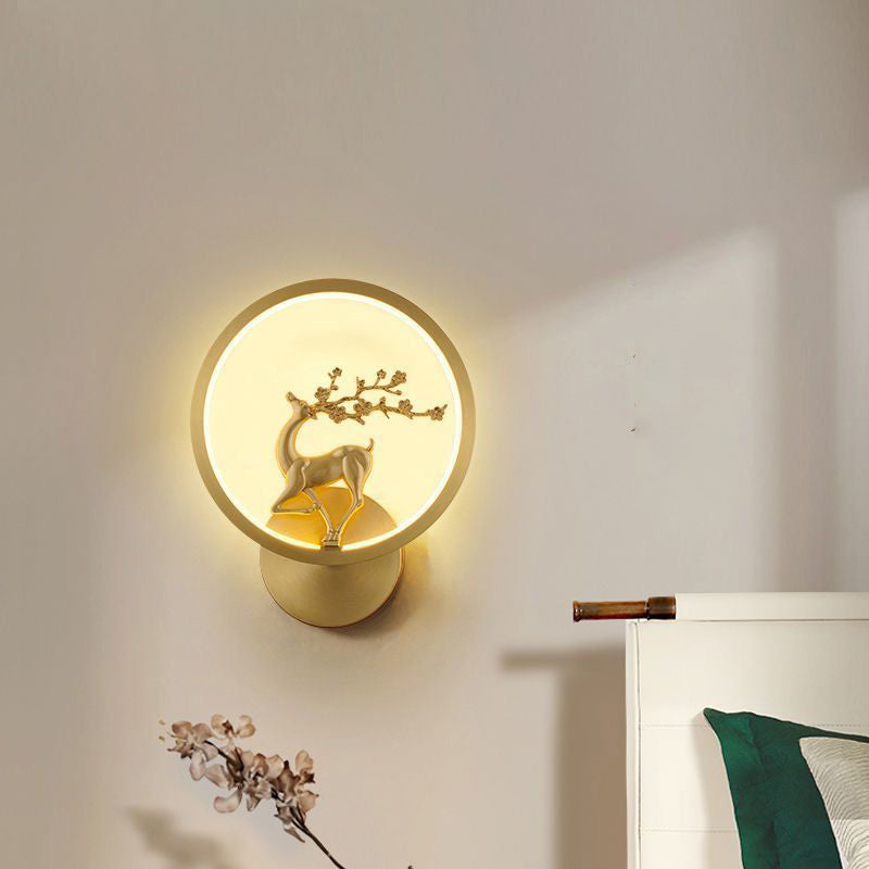 Applique murale LED en laiton et silicone avec fleurs de prunier rondes chinoises traditionnelles, orchidée, bambou de fortune, chrysanthème et cerf pour chambre à coucher 
