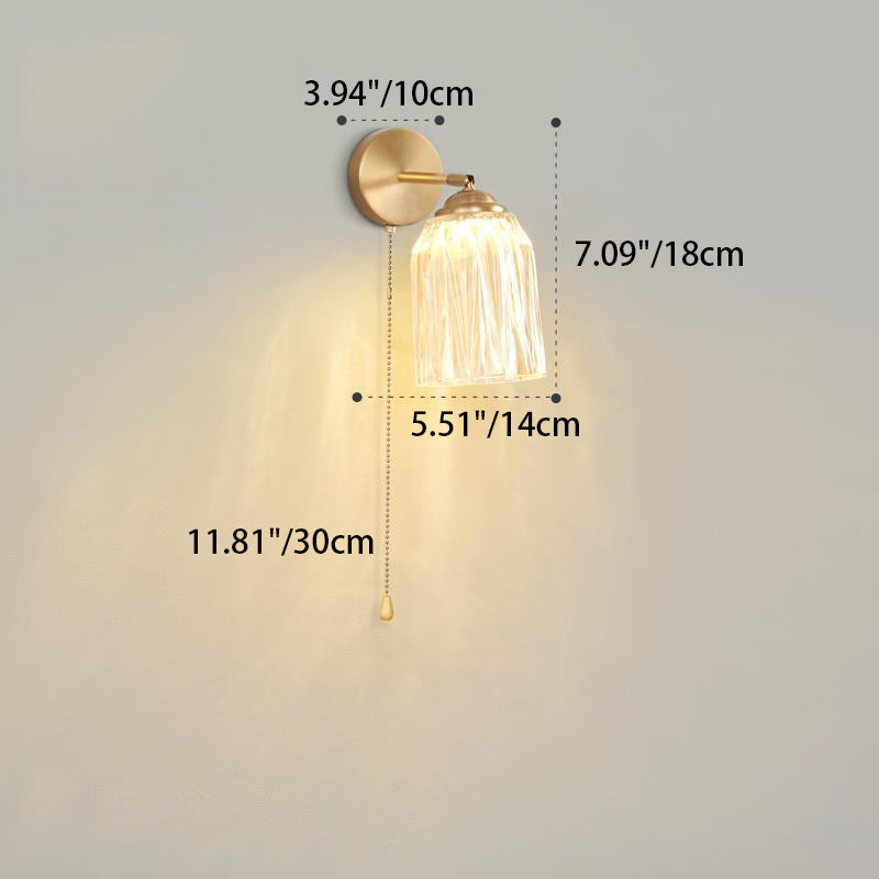 Interrupteur à tirette traditionnel français, dôme rotatif, abat-jour en verre plissé à moitié, lampe murale en fer à 1 lumière pour salon 